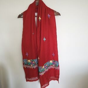 Red Floral Embroidered Wool Scarf